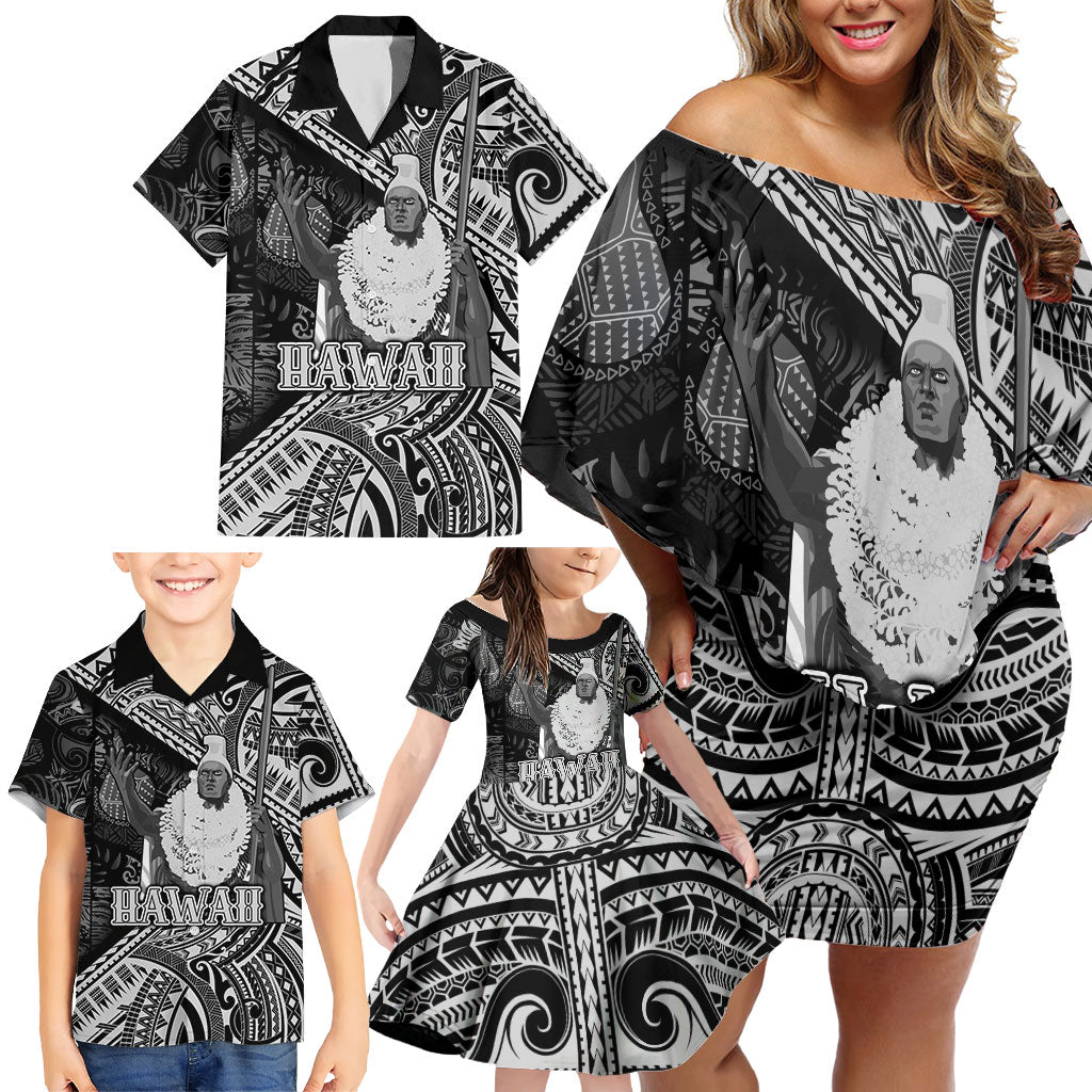 Hawaii King Kamehameha Family Matching Off Shoulder Short Dress and Hawaiian Shirt With Hawaiian Ipu Motifs Black Version