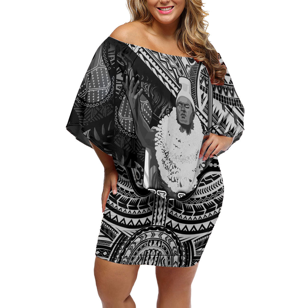 Hawaii King Kamehameha Family Matching Off Shoulder Short Dress and Hawaiian Shirt With Hawaiian Ipu Motifs Black Version