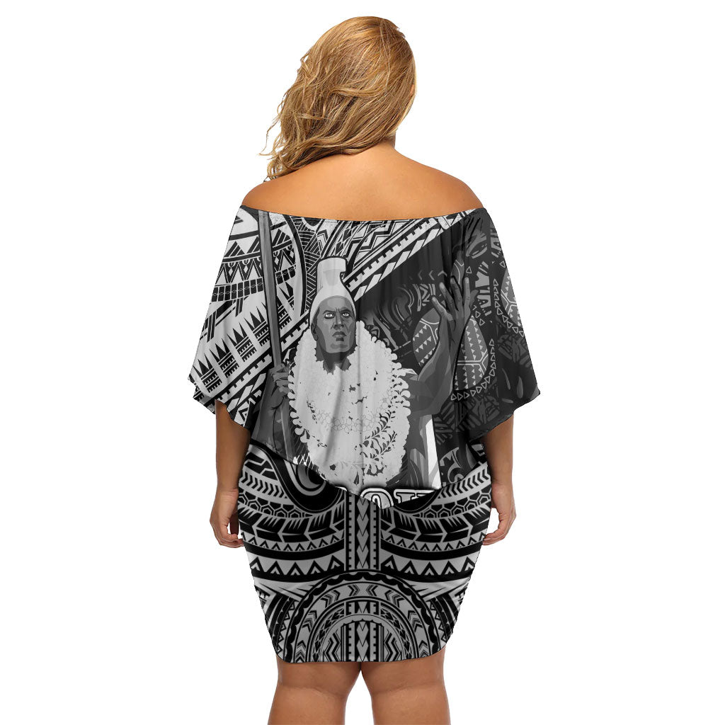 Hawaii King Kamehameha Family Matching Off Shoulder Short Dress and Hawaiian Shirt With Hawaiian Ipu Motifs Black Version