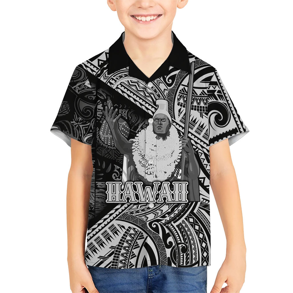 Hawaii King Kamehameha Family Matching Off Shoulder Short Dress and Hawaiian Shirt With Hawaiian Ipu Motifs Black Version