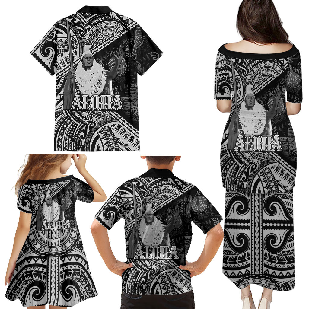 Hawaii King Kamehameha Family Matching Puletasi and Hawaiian Shirt With Hawaiian Ipu Motifs Black Version