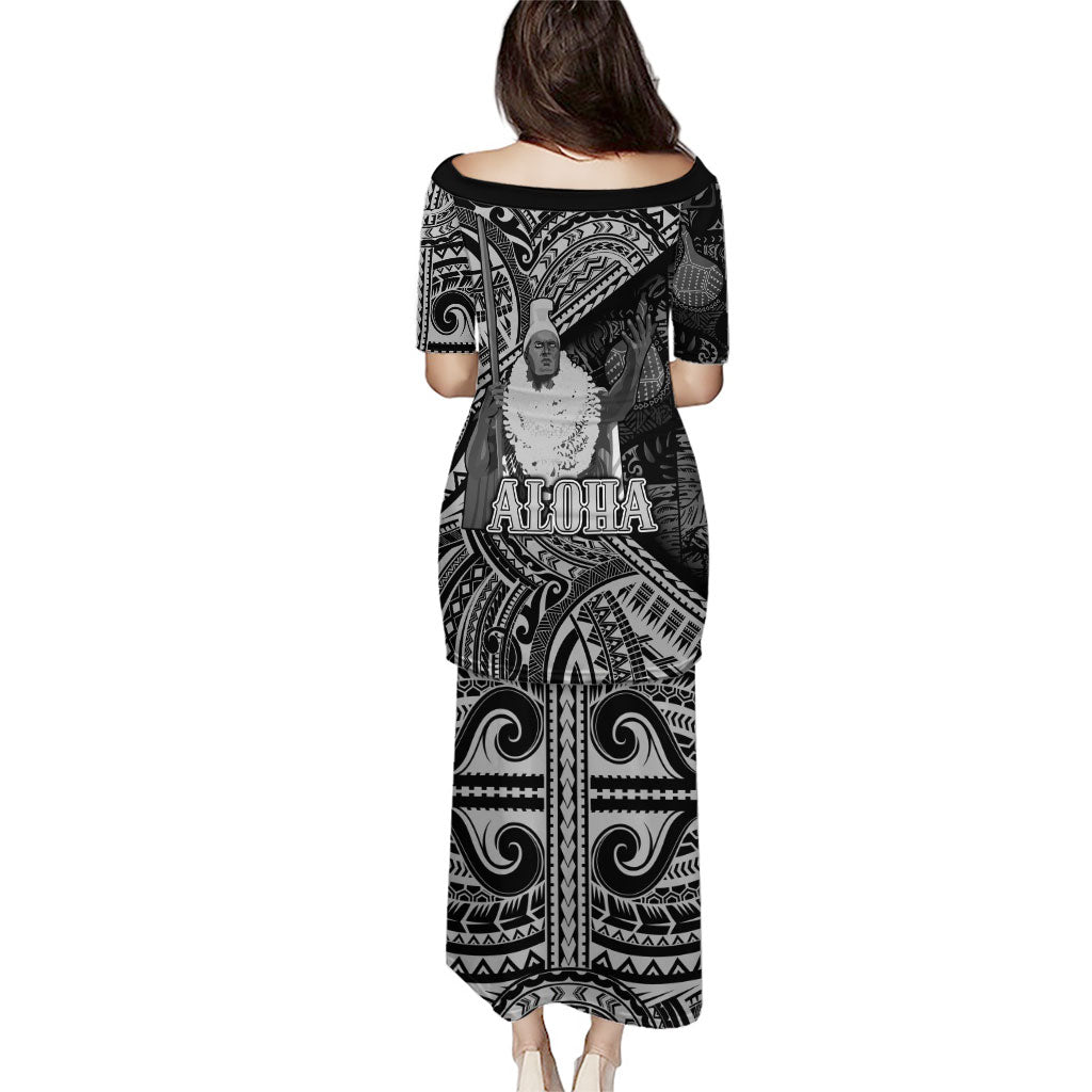 Hawaii King Kamehameha Family Matching Puletasi and Hawaiian Shirt With Hawaiian Ipu Motifs Black Version