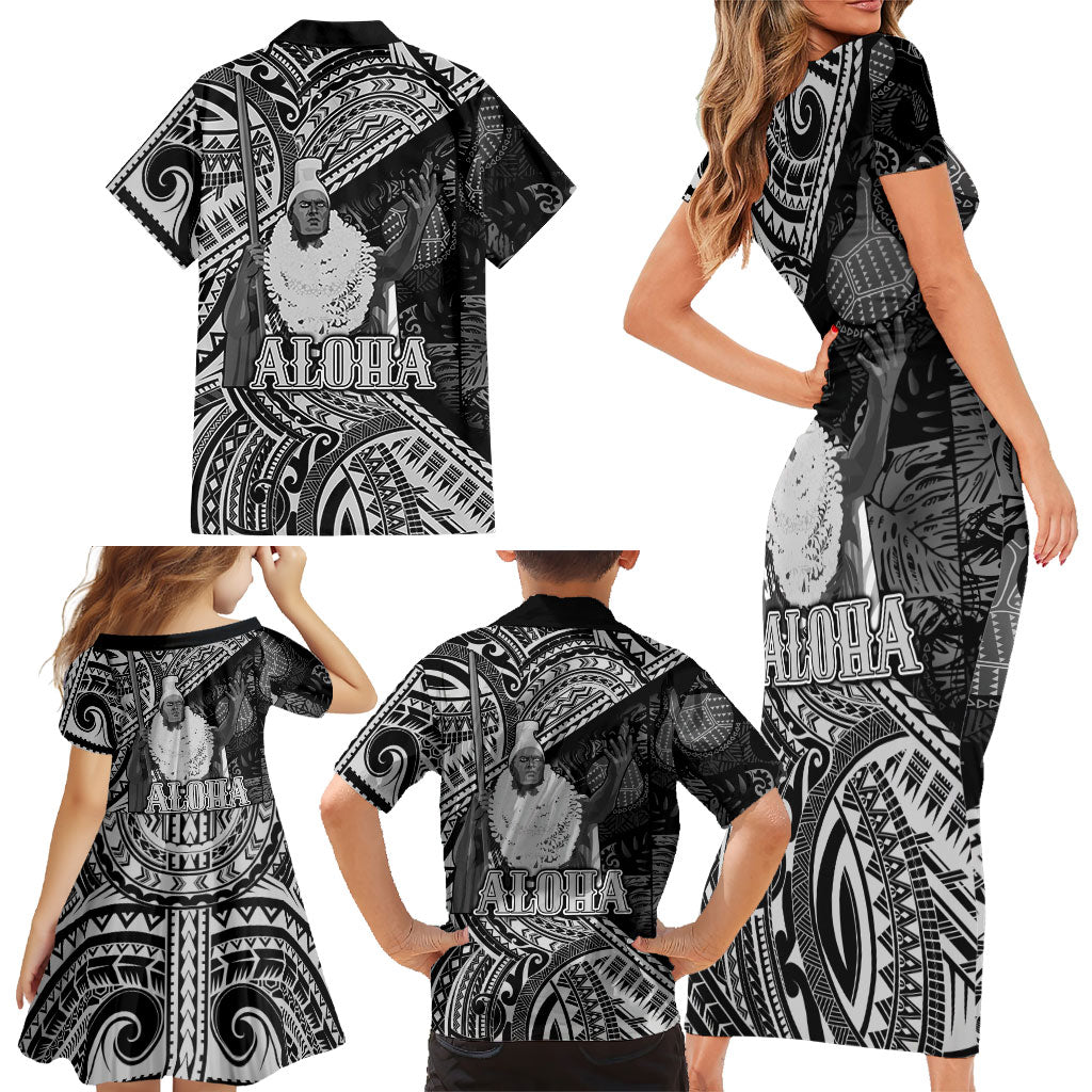 Hawaii King Kamehameha Family Matching Short Sleeve Bodycon Dress and Hawaiian Shirt With Hawaiian Ipu Motifs Black Version