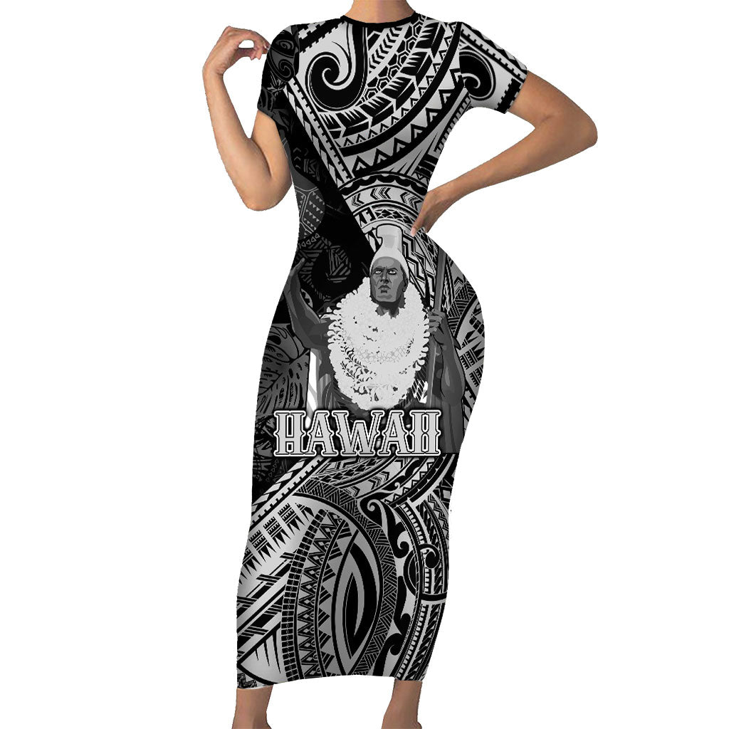 Hawaii King Kamehameha Family Matching Short Sleeve Bodycon Dress and Hawaiian Shirt With Hawaiian Ipu Motifs Black Version