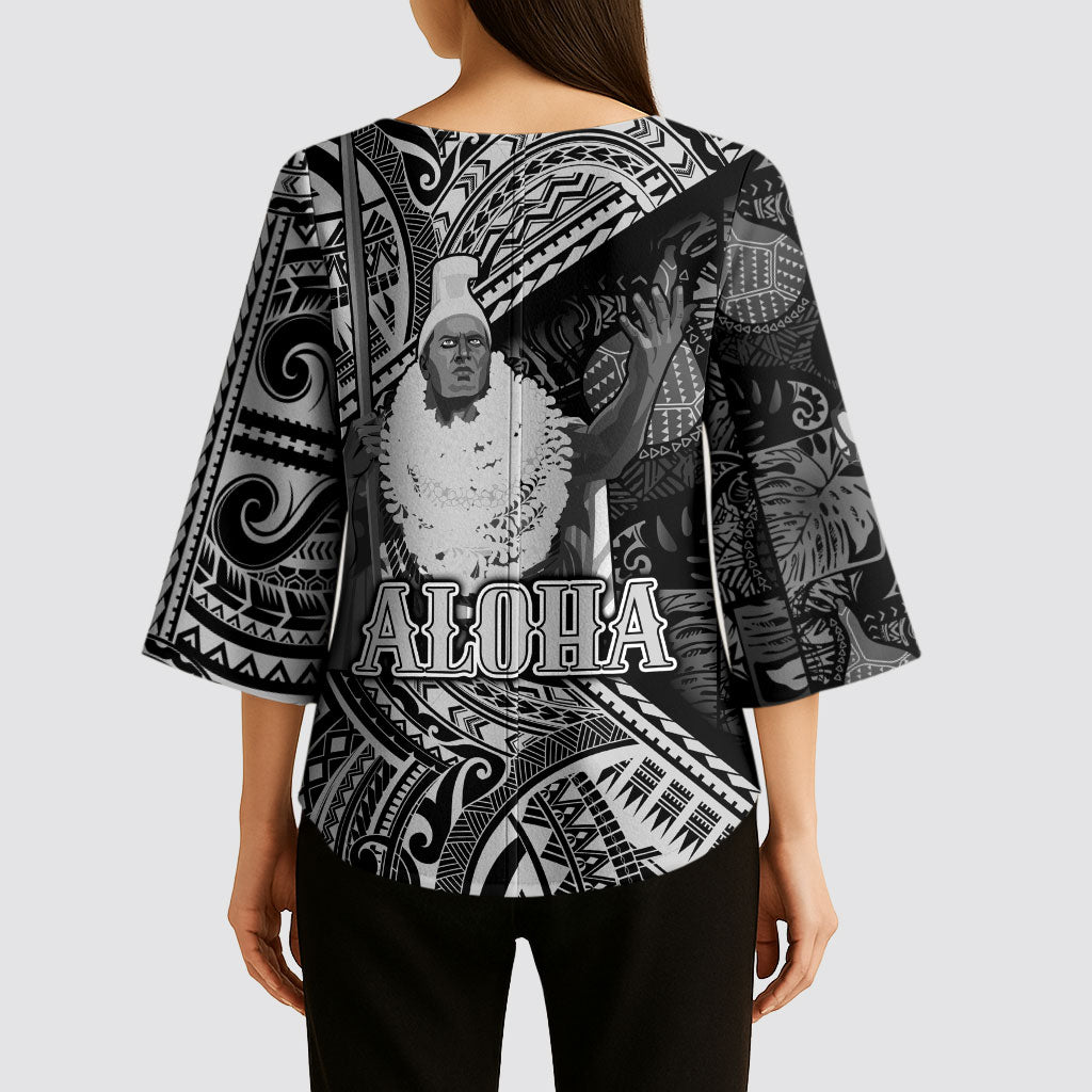 Hawaii King Kamehameha Kimono Sleeve Blouse With Hawaiian Ipu Motifs Black Version