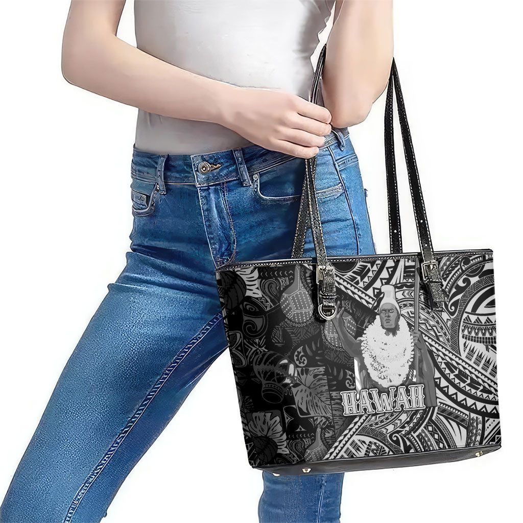 Hawaii King Kamehameha Leather Tote Bag With Hawaiian Ipu Motifs Black Version LT05 - Polynesian Pride
