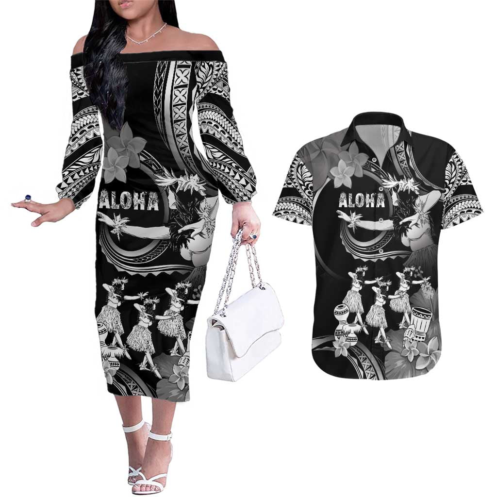 Hawaii Beautiful Hula Dancers Couples Matching Off The Shoulder Long Sleeve Dress and Hawaiian Shirt With Ipu Keke And Pahu Drum