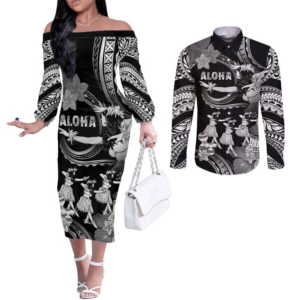 Hawaii Beautiful Hula Dancers Couples Matching Off The Shoulder Long Sleeve Dress and Long Sleeve Button Shirt With Ipu Keke And Pahu Drum