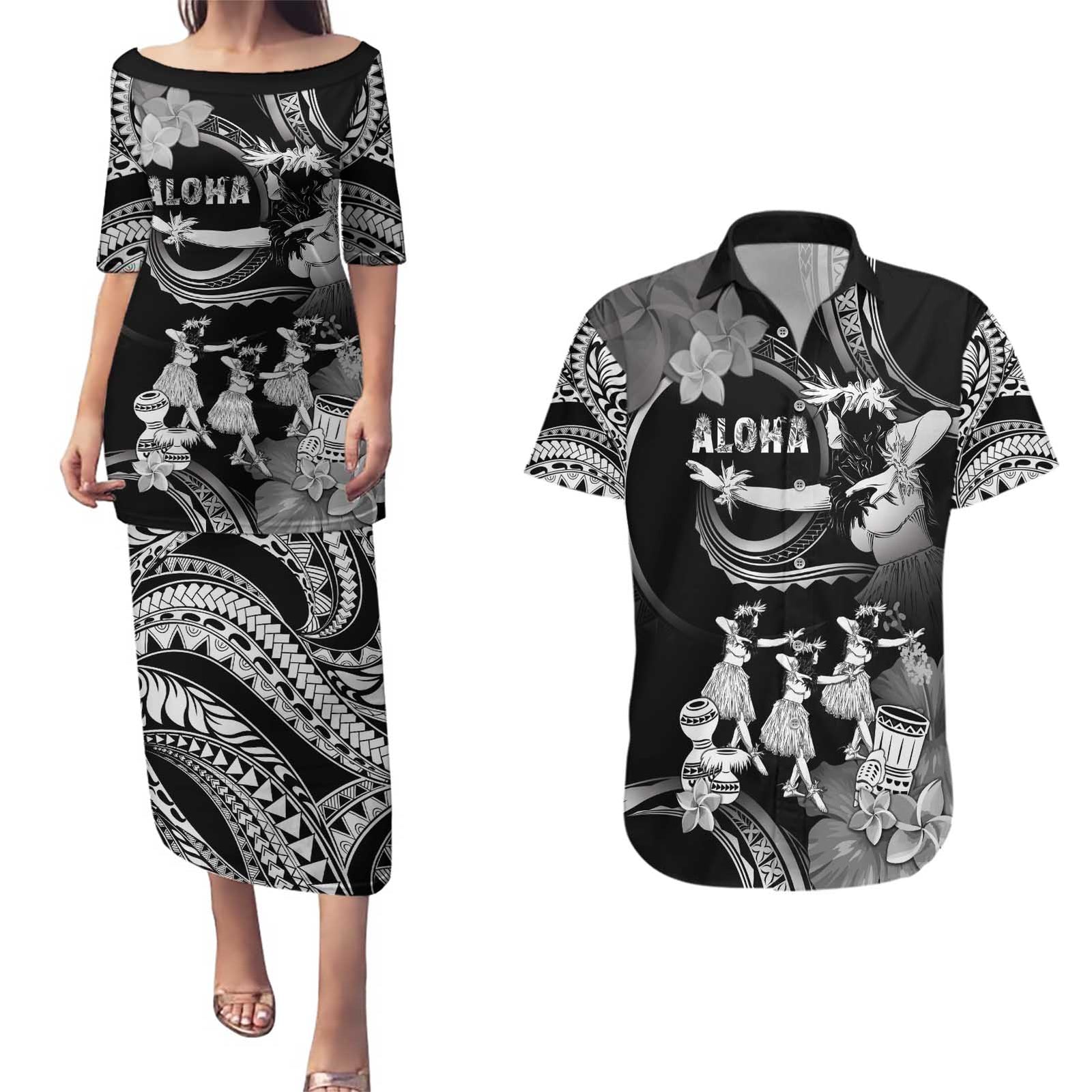 Hawaii Beautiful Hula Dancers Couples Matching Puletasi and Hawaiian Shirt With Ipu Keke And Pahu Drum LT05 Black - Polynesian Pride