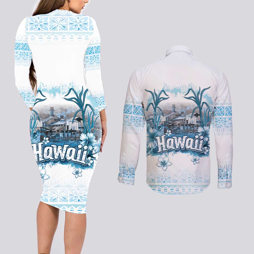 Hawaii Sugar Plantation Couples Matching Long Sleeve Bodycon Dress and Long Sleeve Button Shirt With Hawaiian Tapa Pattern