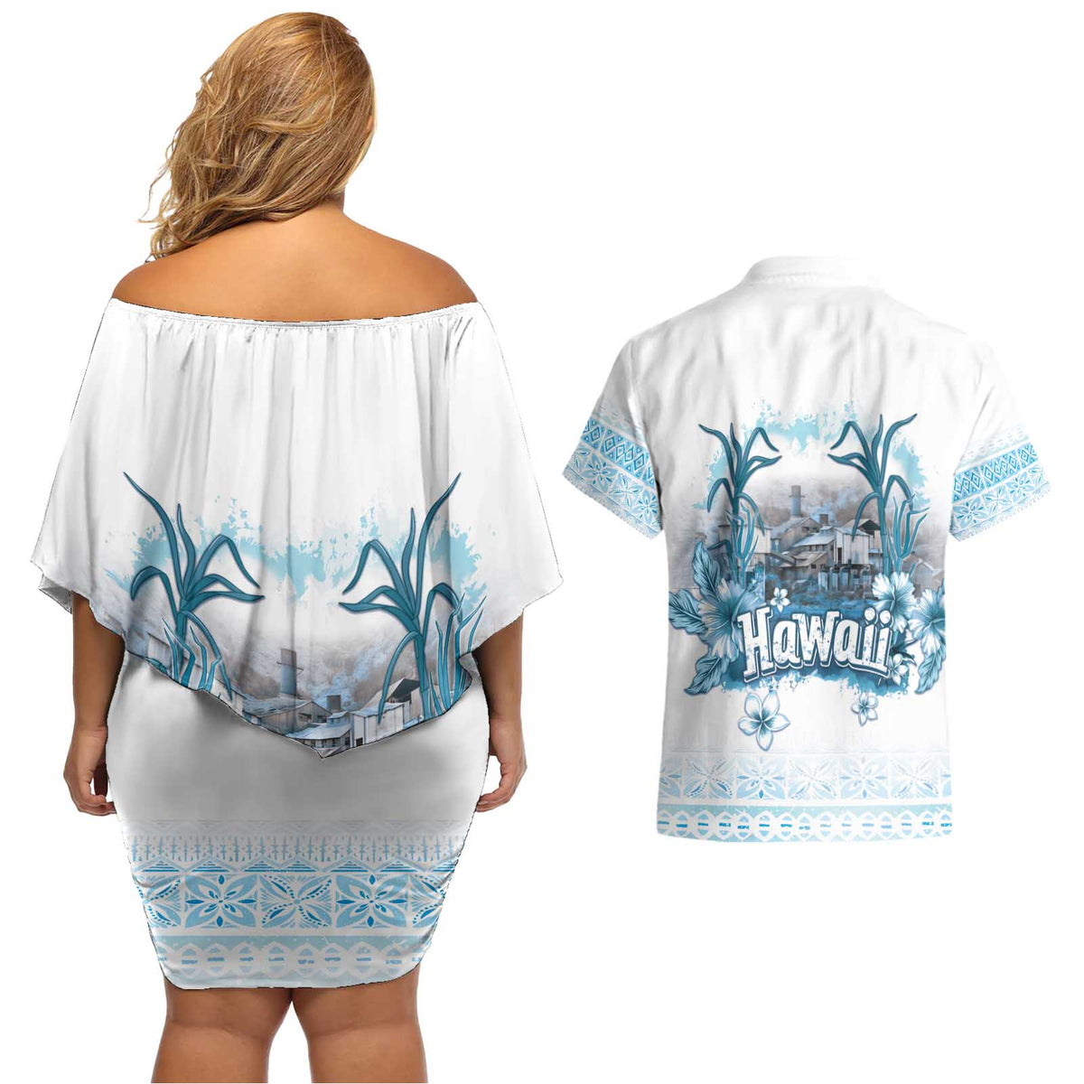 Hawaii Sugar Plantation Couples Matching Off Shoulder Short Dress and Hawaiian Shirt With Hawaiian Tapa Pattern