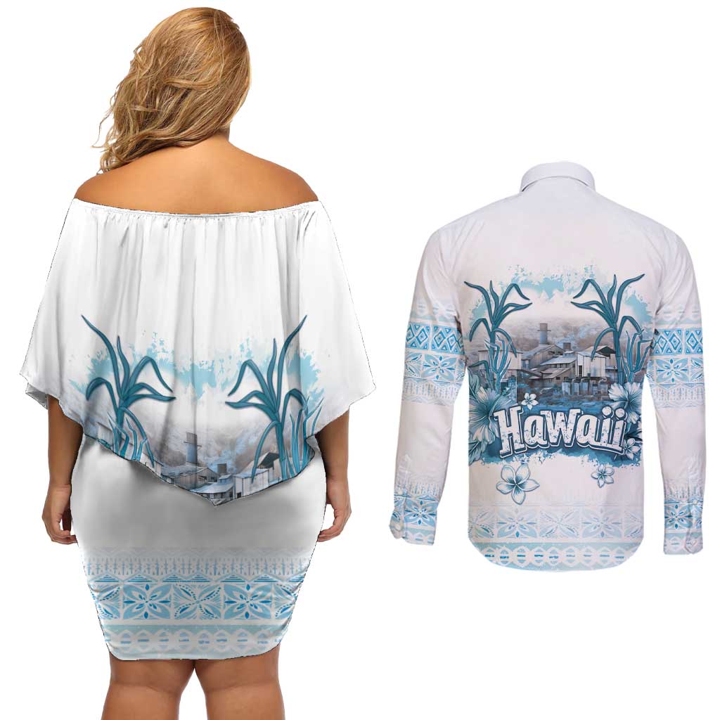 Hawaii Sugar Plantation Couples Matching Off Shoulder Short Dress and Long Sleeve Button Shirt With Hawaiian Tapa Pattern