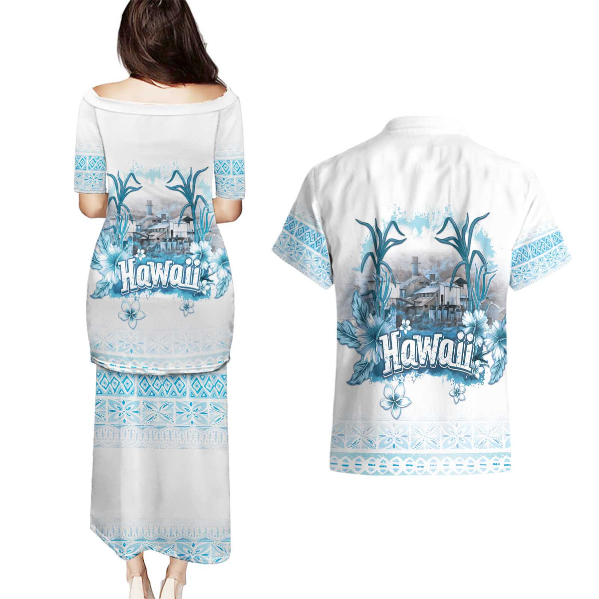 Hawaii Sugar Plantation Couples Matching Puletasi and Hawaiian Shirt With Hawaiian Tapa Pattern