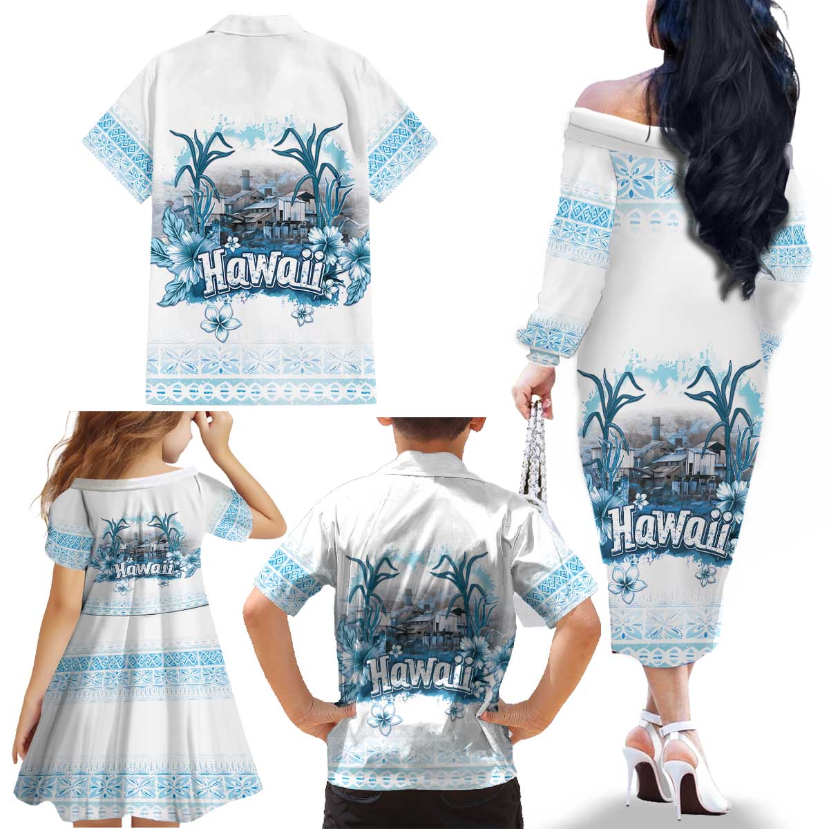 Hawaii Sugar Plantation Family Matching Off The Shoulder Long Sleeve Dress and Hawaiian Shirt With Hawaiian Tapa Pattern