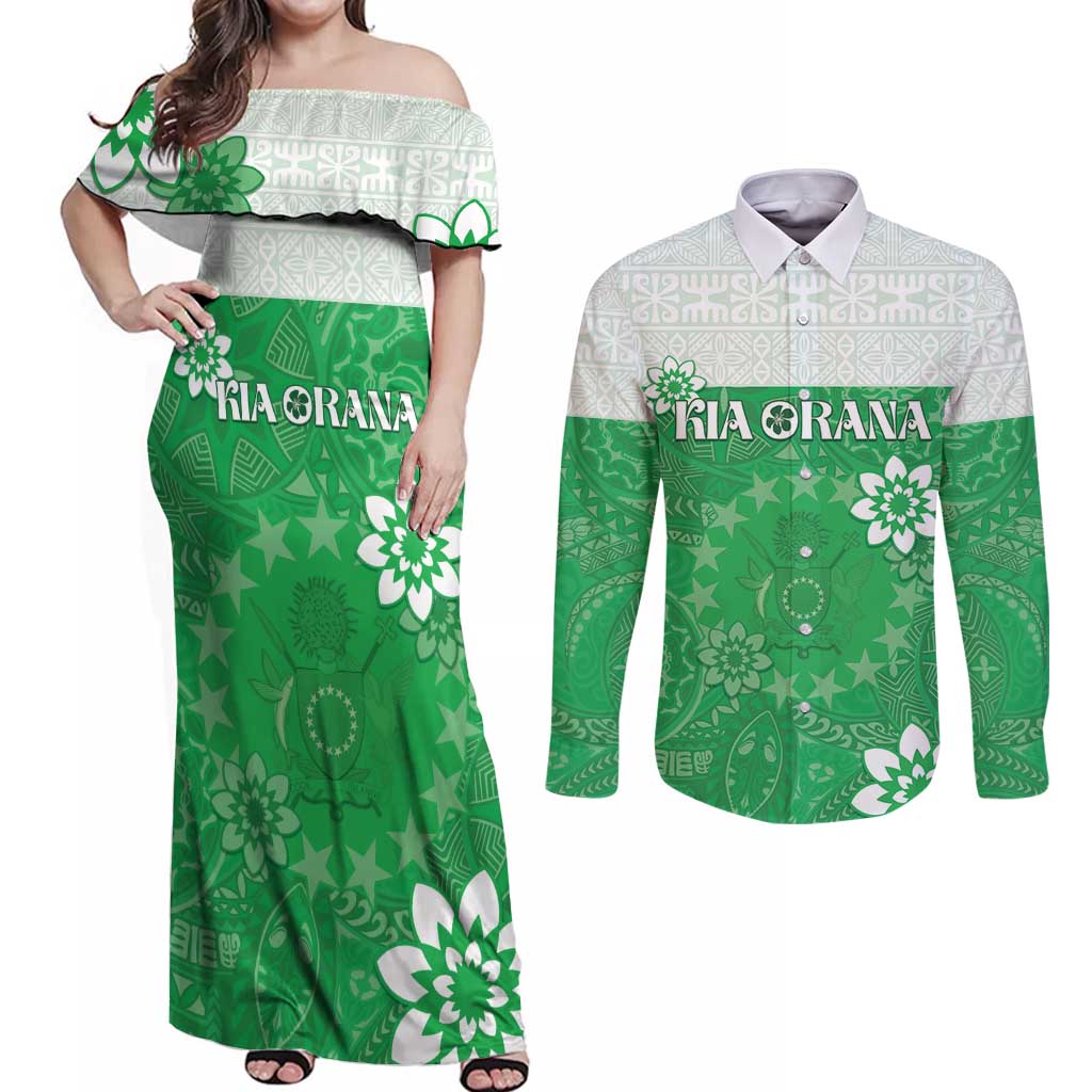 Cook Islands Maori Language Week Couples Matching Off Shoulder Maxi Dress and Long Sleeve Button Shirt Pacific Tapa Pattern