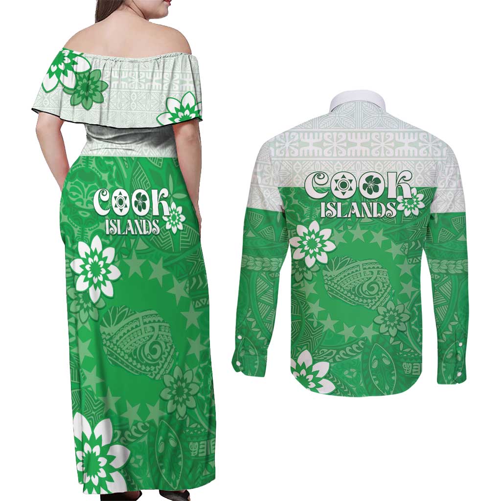 Cook Islands Maori Language Week Couples Matching Off Shoulder Maxi Dress and Long Sleeve Button Shirt Pacific Tapa Pattern