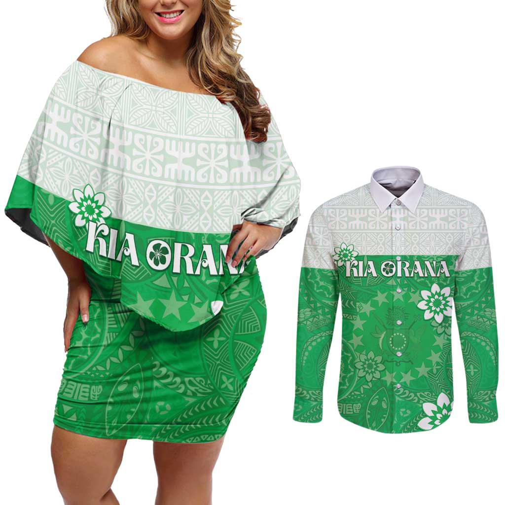 Cook Islands Maori Language Week Couples Matching Off Shoulder Short Dress and Long Sleeve Button Shirt Pacific Tapa Pattern