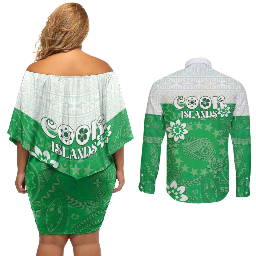Cook Islands Maori Language Week Couples Matching Off Shoulder Short Dress and Long Sleeve Button Shirt Pacific Tapa Pattern