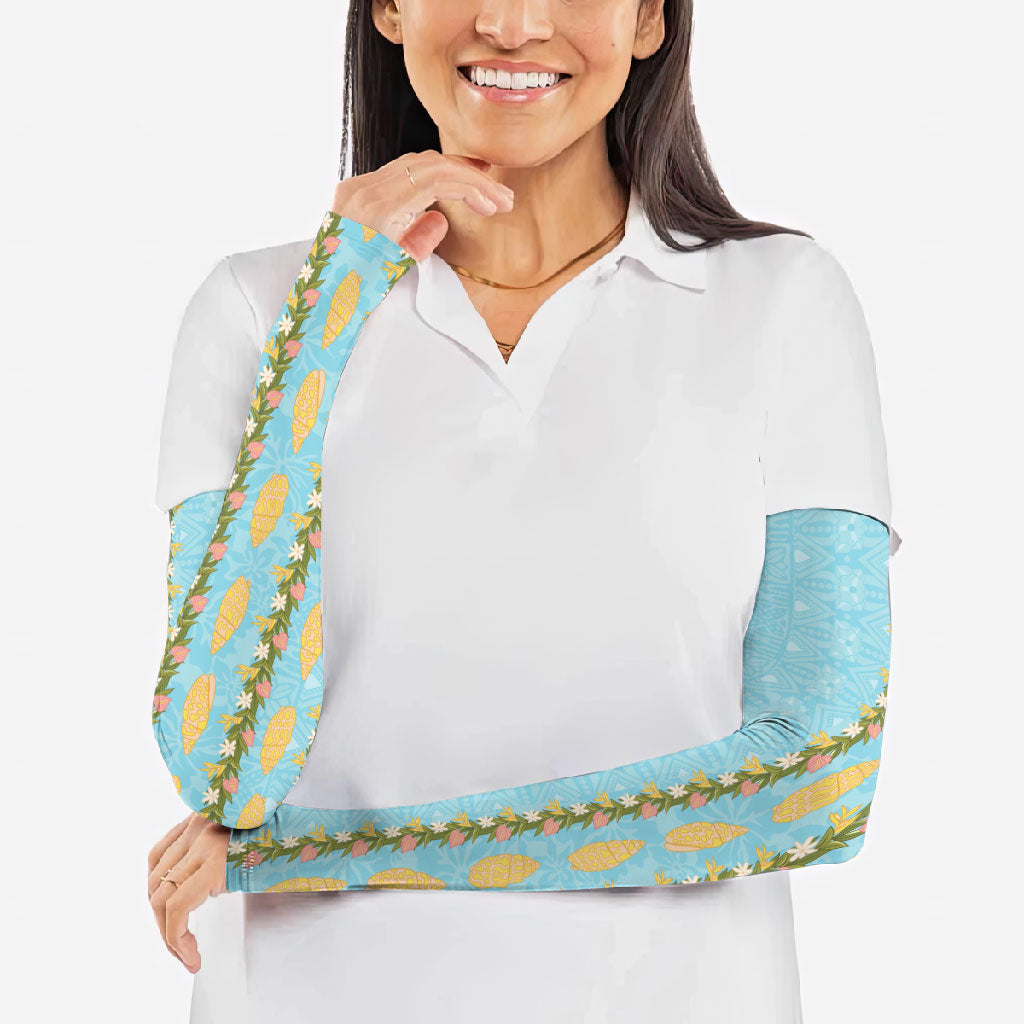 Hawaii Shell Tiare Anthurium Heliconia Lei Arm Sleeves With Tapa Pattern Baby Blue