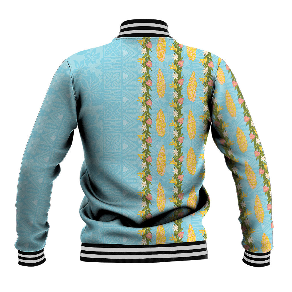 Hawaii Shell Tiare Anthurium Heliconia Lei Baseball Jacket With Tapa Pattern Baby Blue