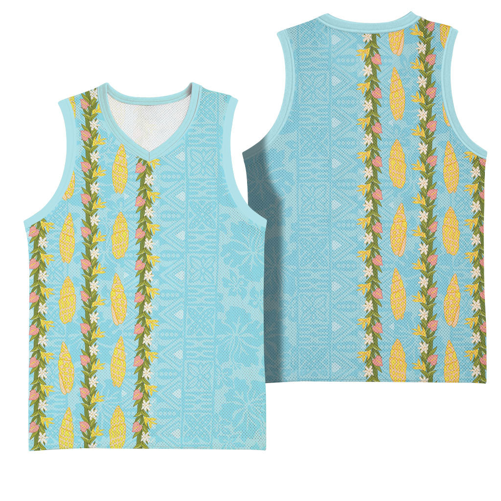 Hawaii Shell Tiare Anthurium Heliconia Lei Basketball Jersey With Tapa Pattern Baby Blue