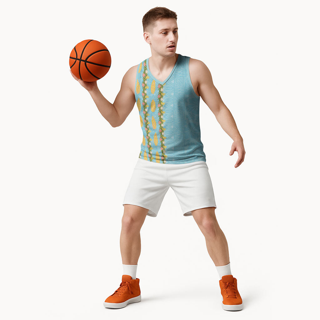 Hawaii Shell Tiare Anthurium Heliconia Lei Basketball Jersey With Tapa Pattern Baby Blue
