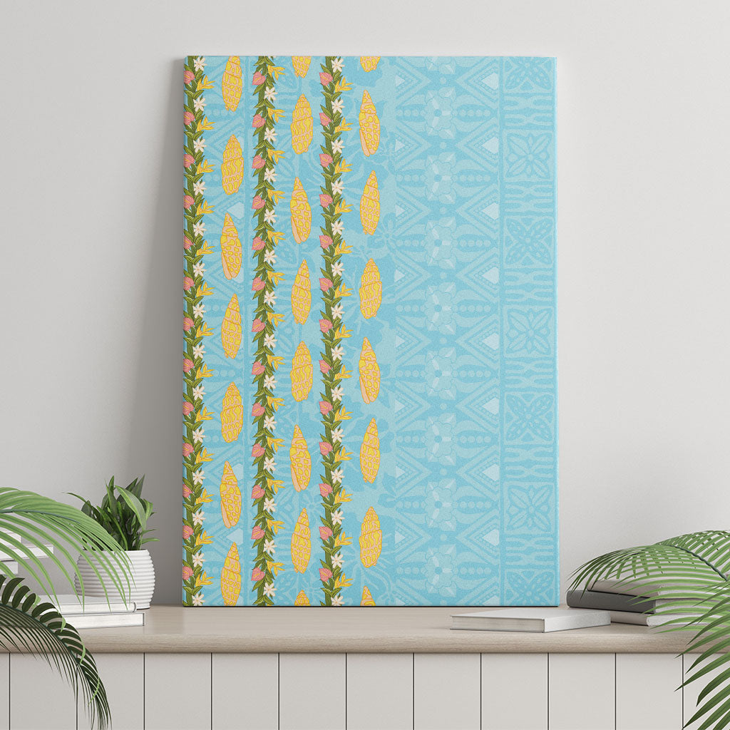 Hawaii Shell Tiare Anthurium Heliconia Lei Canvas Wall Art With Tapa Pattern Baby Blue