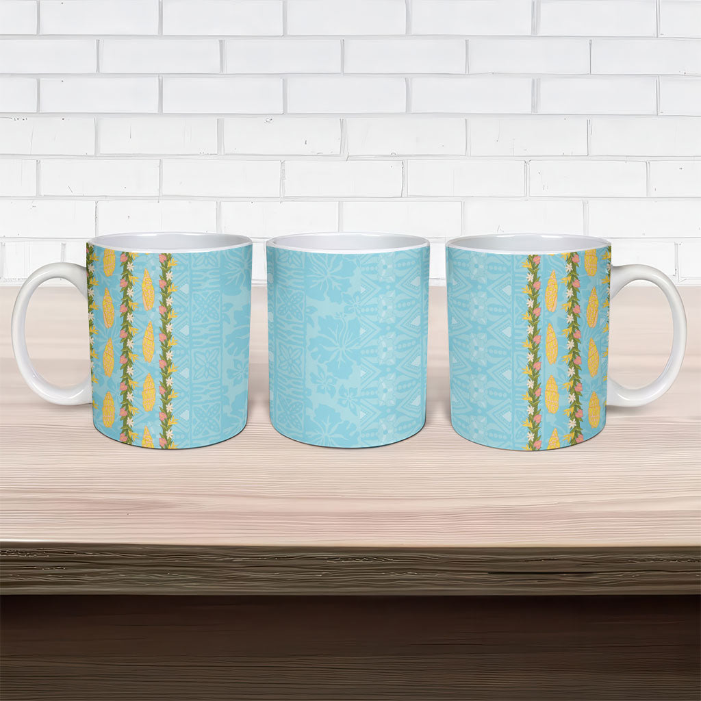 Hawaii Shell Tiare Anthurium Heliconia Lei Ceramic Mug With Tapa Pattern Baby Blue