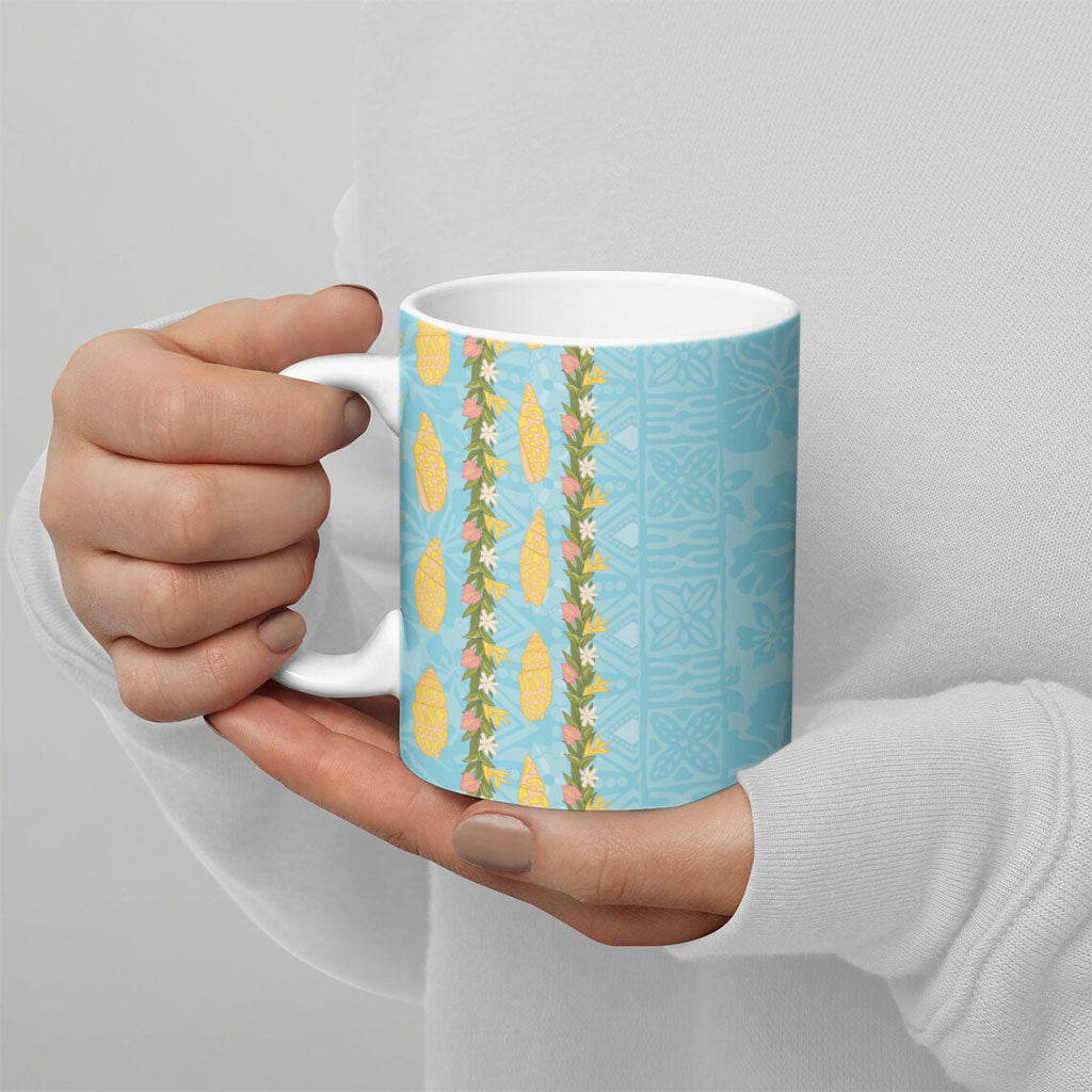 Hawaii Shell Tiare Anthurium Heliconia Lei Ceramic Mug With Tapa Pattern Baby Blue