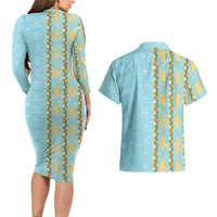 Hawaii Shell Tiare Anthurium Heliconia Lei Couples Matching Long Sleeve Bodycon Dress and Hawaiian Shirt With Tapa Pattern Baby Blue