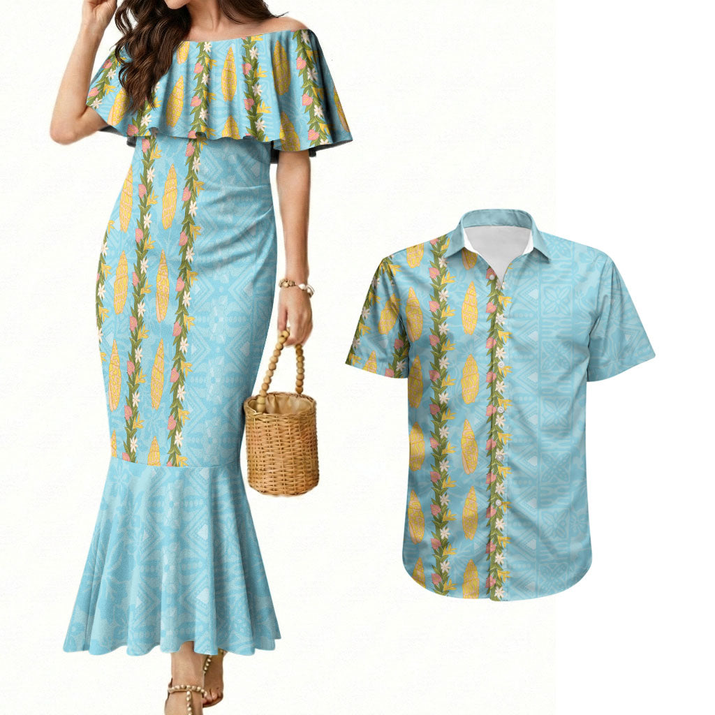 Hawaii Shell Tiare Anthurium Heliconia Lei Couples Matching Mermaid Dress and Hawaiian Shirt With Tapa Pattern Baby Blue LT05 Blue - Polynesian Pride