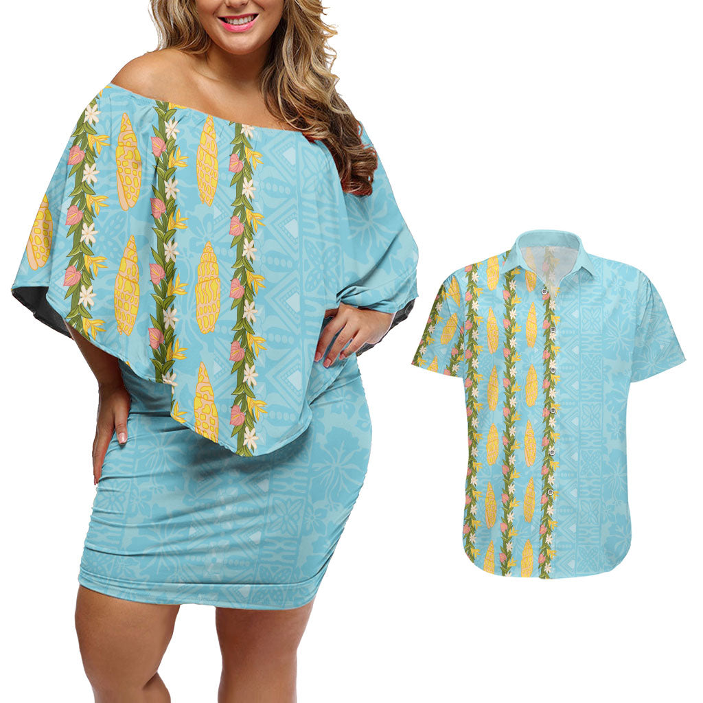 Hawaii Shell Tiare Anthurium Heliconia Lei Couples Matching Off Shoulder Short Dress and Hawaiian Shirt With Tapa Pattern Baby Blue
