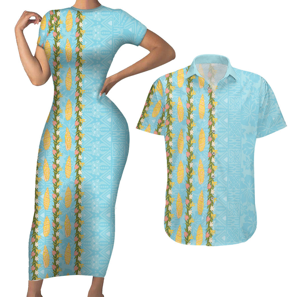 Hawaii Shell Tiare Anthurium Heliconia Lei Couples Matching Short Sleeve Bodycon Dress and Hawaiian Shirt With Tapa Pattern Baby Blue