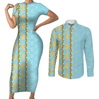 Hawaii Shell Tiare Anthurium Heliconia Lei Couples Matching Short Sleeve Bodycon Dress and Long Sleeve Button Shirt With Tapa Pattern Baby Blue