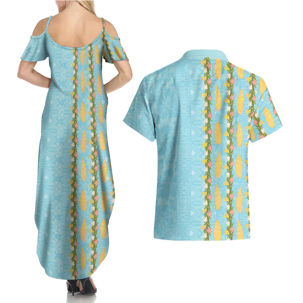 Hawaii Shell Tiare Anthurium Heliconia Lei Couples Matching Summer Maxi Dress and Hawaiian Shirt With Tapa Pattern Baby Blue