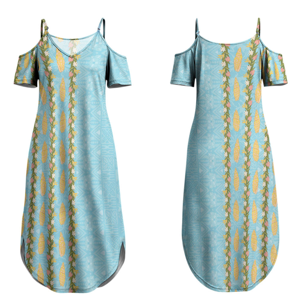 Hawaii Shell Tiare Anthurium Heliconia Lei Couples Matching Summer Maxi Dress and Hawaiian Shirt With Tapa Pattern Baby Blue LT05 - Polynesian Pride