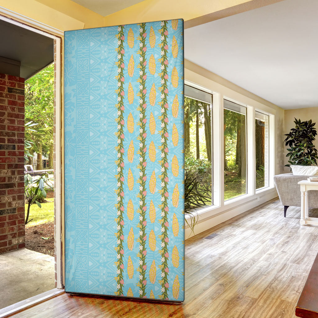 Hawaii Shell Tiare Anthurium Heliconia Lei Door Cover With Tapa Pattern Baby Blue