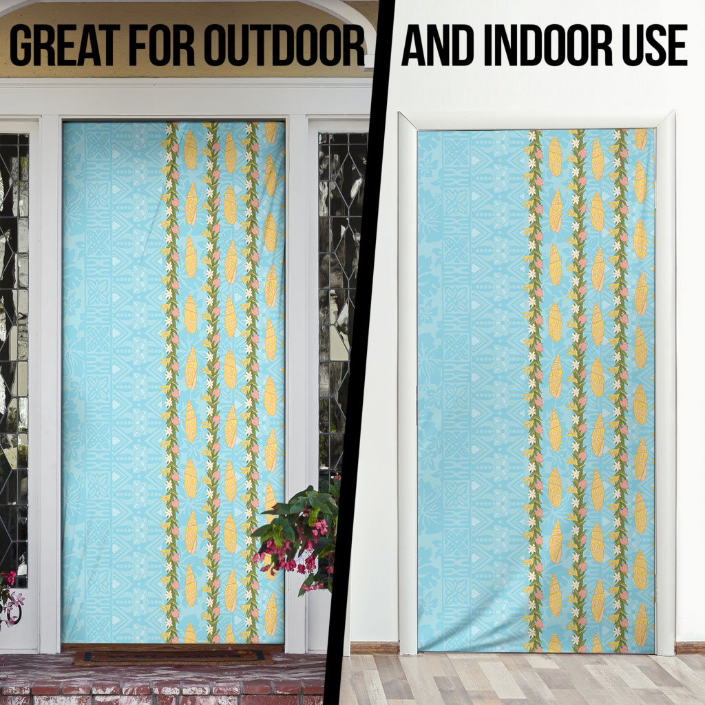 Hawaii Shell Tiare Anthurium Heliconia Lei Door Cover With Tapa Pattern Baby Blue