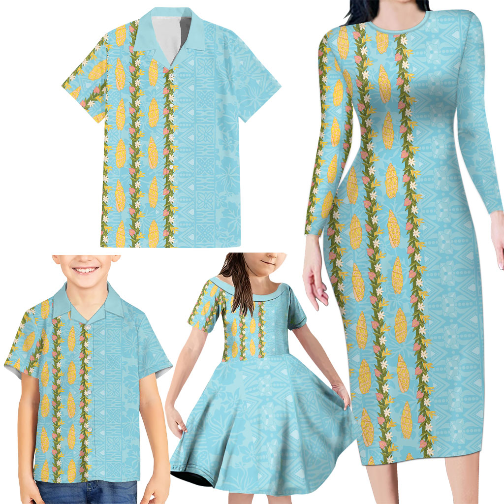 Hawaii Shell Tiare Anthurium Heliconia Lei Family Matching Long Sleeve Bodycon Dress and Hawaiian Shirt With Tapa Pattern Baby Blue