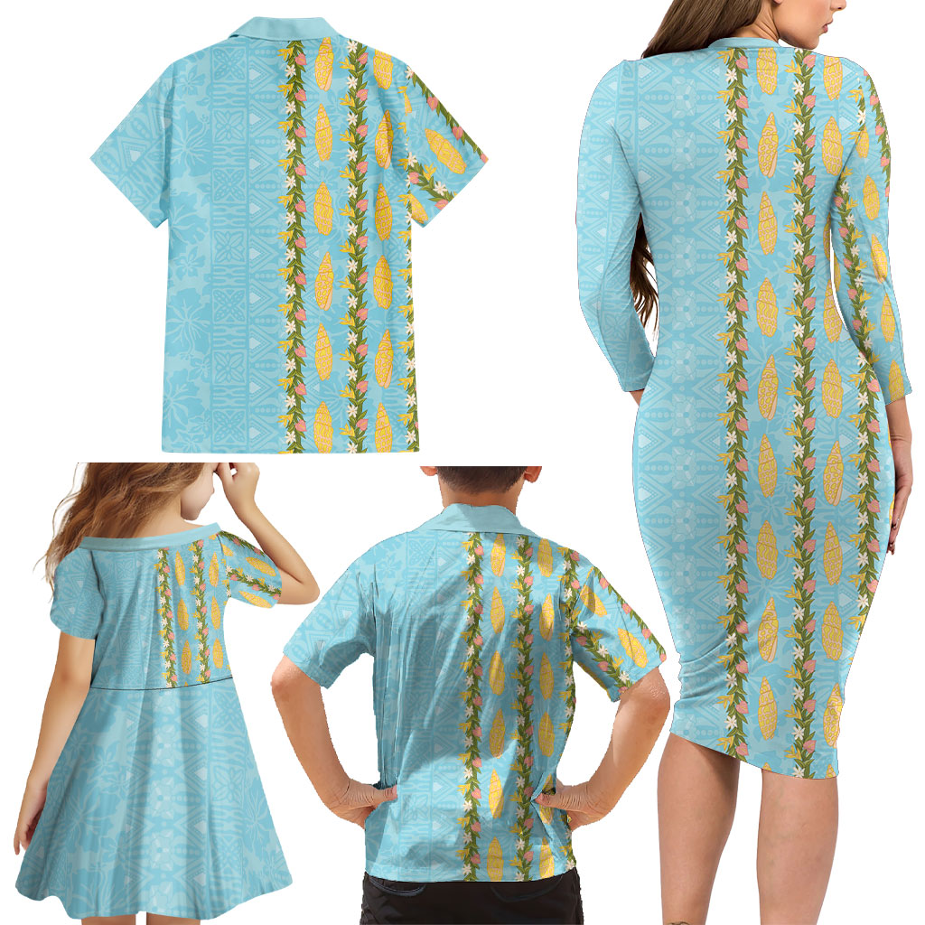 Hawaii Shell Tiare Anthurium Heliconia Lei Family Matching Long Sleeve Bodycon Dress and Hawaiian Shirt With Tapa Pattern Baby Blue