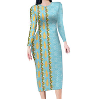 Hawaii Shell Tiare Anthurium Heliconia Lei Family Matching Long Sleeve Bodycon Dress and Hawaiian Shirt With Tapa Pattern Baby Blue