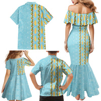 Hawaii Shell Tiare Anthurium Heliconia Lei Family Matching Mermaid Dress and Hawaiian Shirt With Tapa Pattern Baby Blue