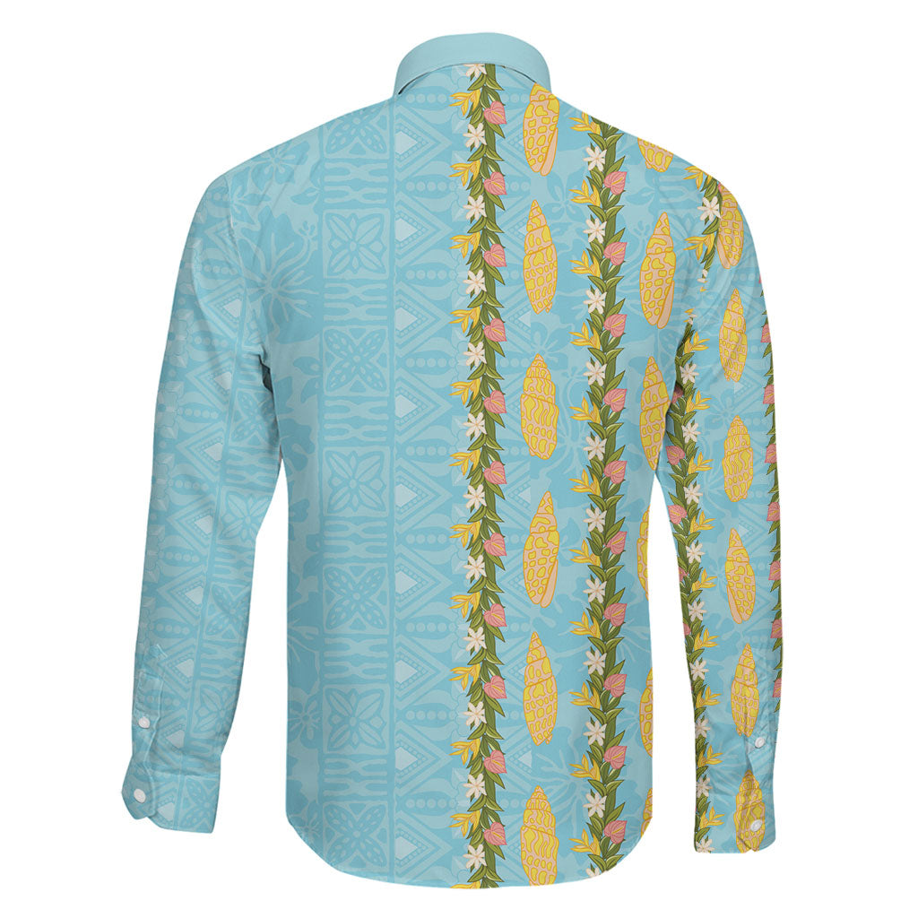 Hawaii Shell Tiare Anthurium Heliconia Lei Family Matching Off The Shoulder Long Sleeve Dress and Hawaiian Shirt With Tapa Pattern Baby Blue