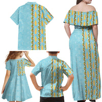 Hawaii Shell Tiare Anthurium Heliconia Lei Family Matching Off Shoulder Maxi Dress and Hawaiian Shirt With Tapa Pattern Baby Blue