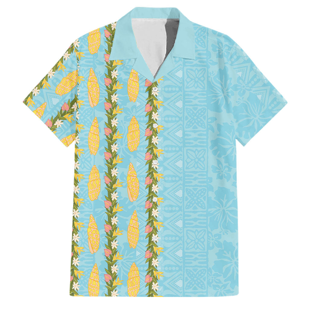 Hawaii Shell Tiare Anthurium Heliconia Lei Family Matching Off Shoulder Short Dress and Hawaiian Shirt With Tapa Pattern Baby Blue