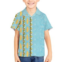 Hawaii Shell Tiare Anthurium Heliconia Lei Family Matching Off Shoulder Short Dress and Hawaiian Shirt With Tapa Pattern Baby Blue