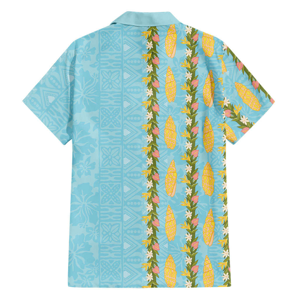 Hawaii Shell Tiare Anthurium Heliconia Lei Family Matching Puletasi and Hawaiian Shirt With Tapa Pattern Baby Blue