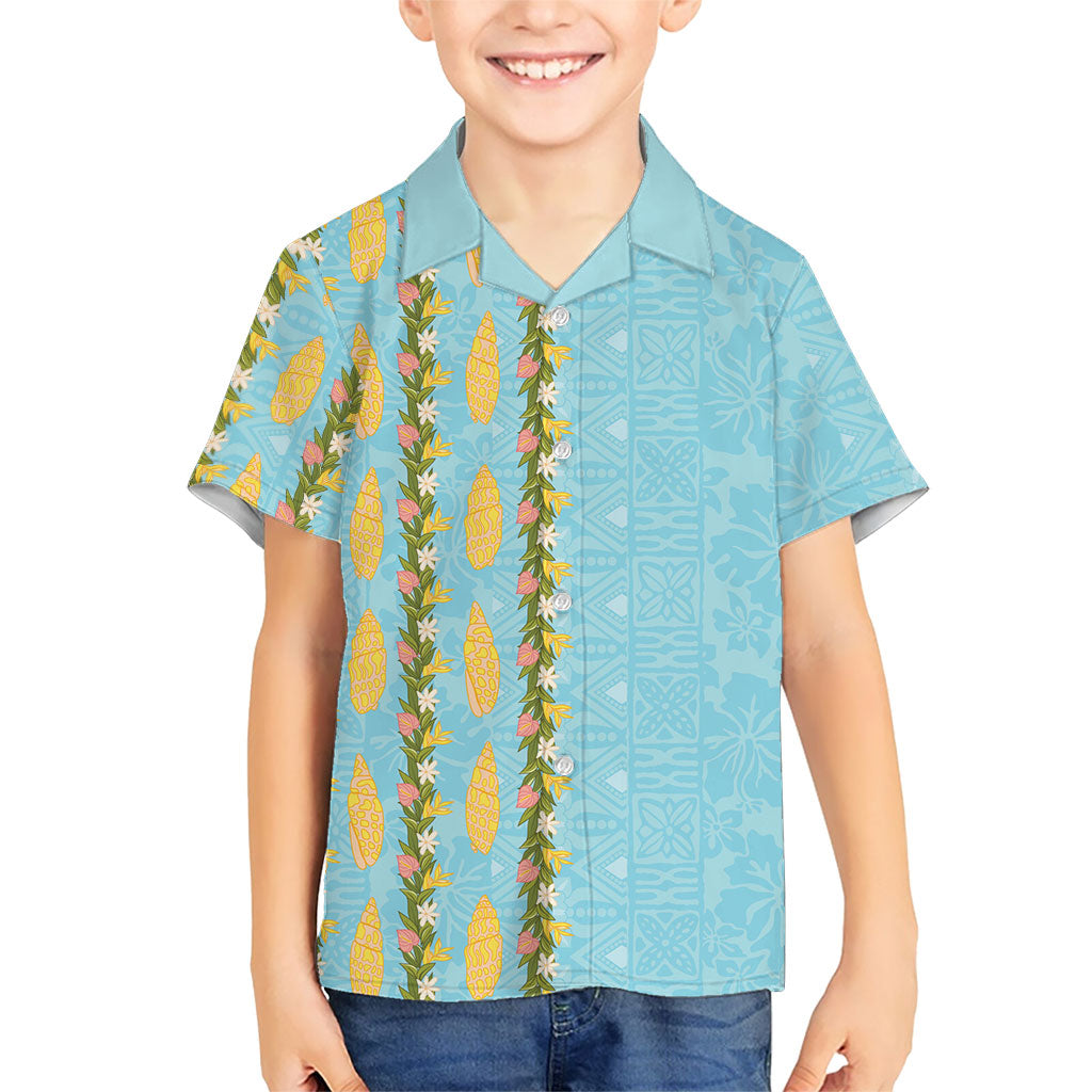 Hawaii Shell Tiare Anthurium Heliconia Lei Family Matching Puletasi and Hawaiian Shirt With Tapa Pattern Baby Blue