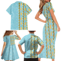 Hawaii Shell Tiare Anthurium Heliconia Lei Family Matching Short Sleeve Bodycon Dress and Hawaiian Shirt With Tapa Pattern Baby Blue