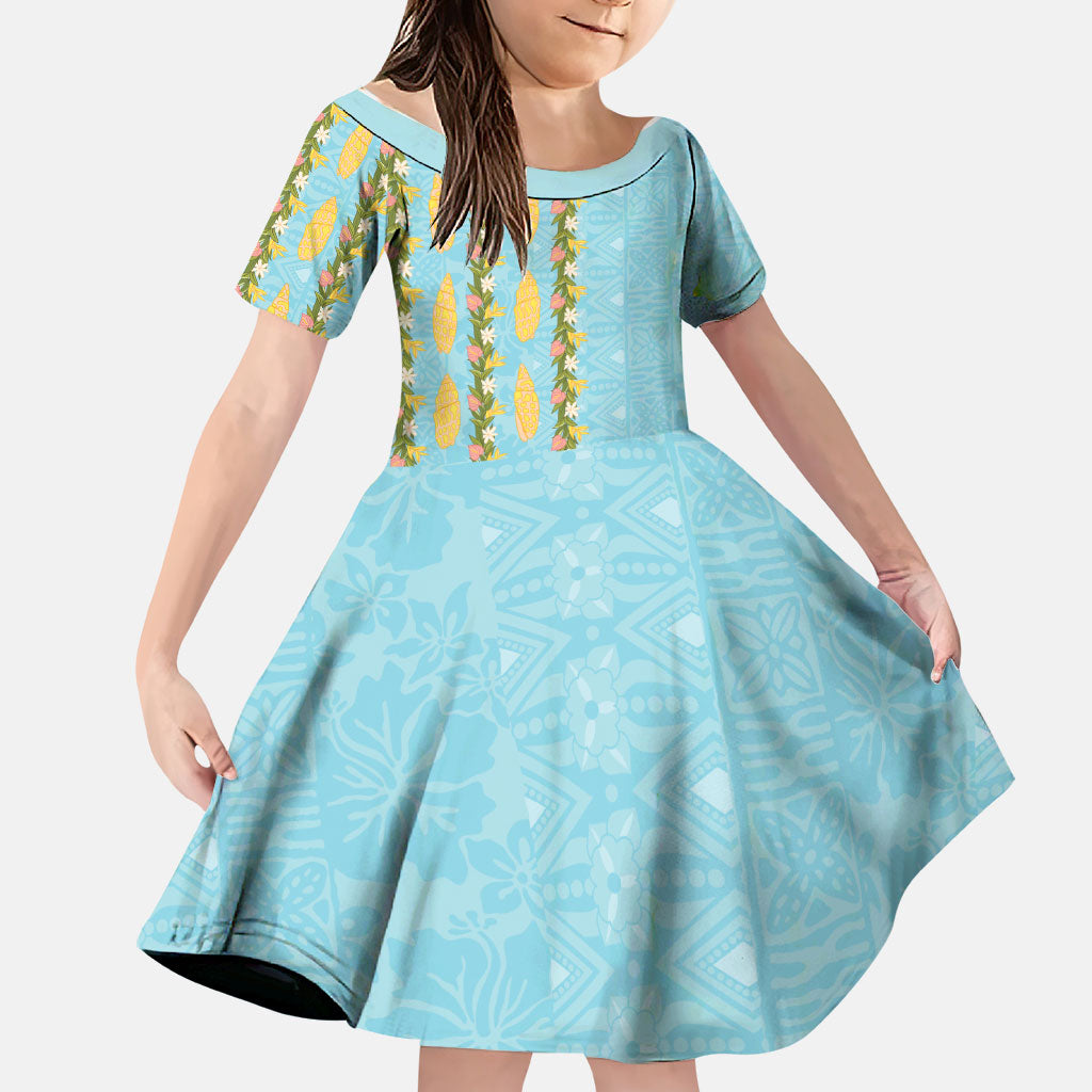 Hawaii Shell Tiare Anthurium Heliconia Lei Family Matching Summer Maxi Dress and Hawaiian Shirt With Tapa Pattern Baby Blue